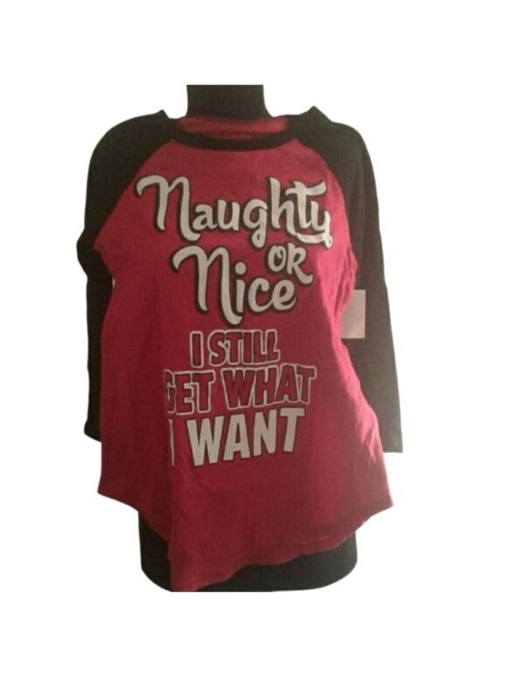 Juniors S Graphic Tee Red Black Raglan Naughty Or Nice I Still Get What I Want
